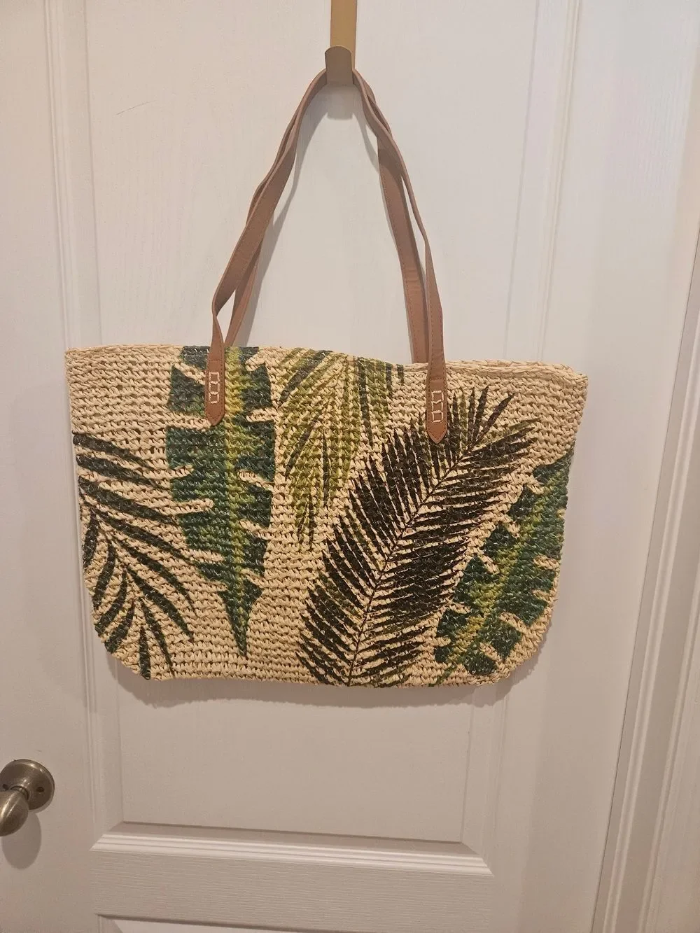 Macy's Woven Straw Tote with Green & Black Leaf Print and Brown Straps